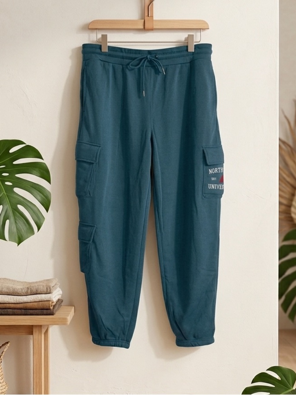 NORTH POLE UNIVERSITY Women’s Teal Blue Cargo Sweatpants - Casual Fleece Joggers